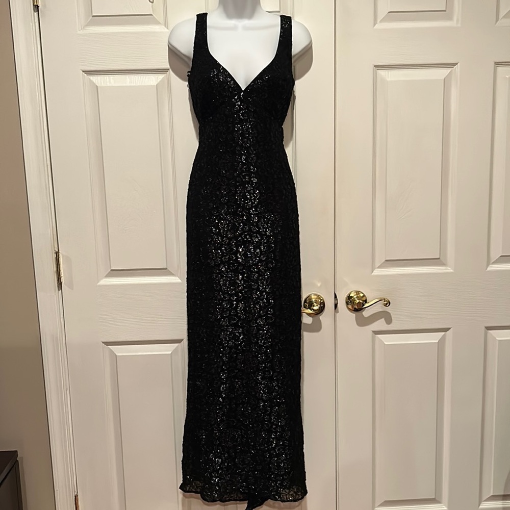 Vintage Hugo Buscati Collection Low Back Black Metallic Lace Evening Gown